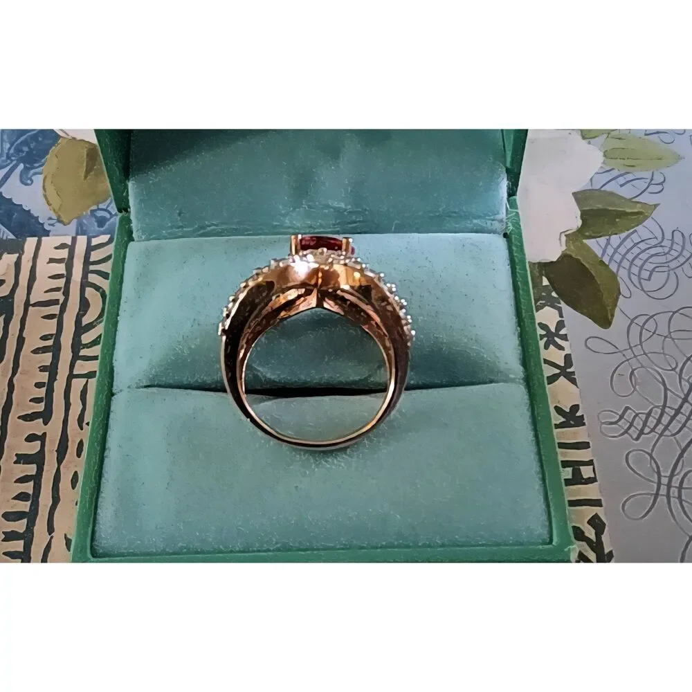 Vintage Signed SJ 925 Ruby & Simulated Diamond Rose Gold Statement Ring Sz 8
